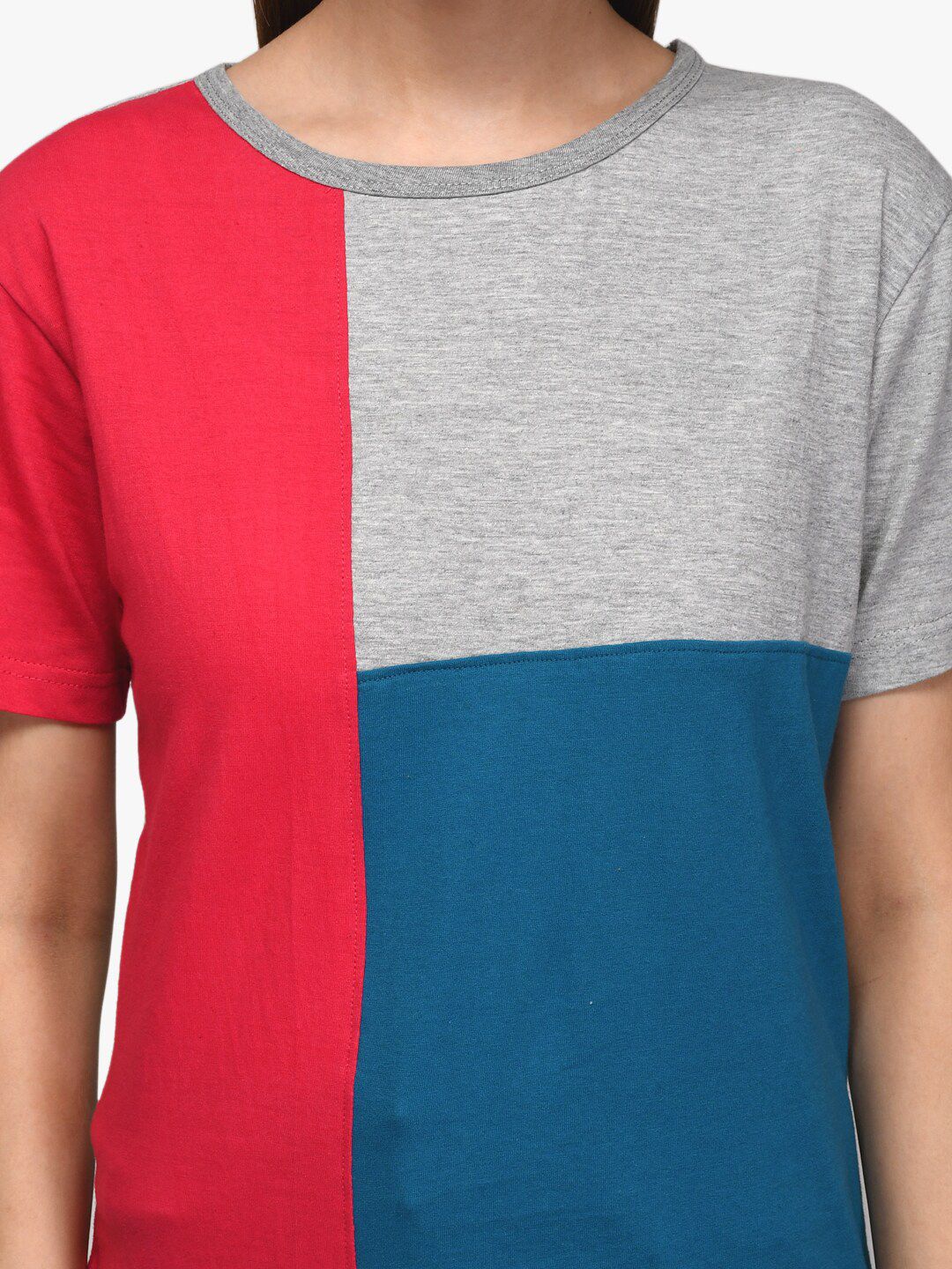 Kotty Women Red & Blue Colourblocked Round Neck T-shirt