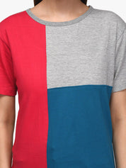Kotty Women Red & Blue Colourblocked Round Neck T-shirt