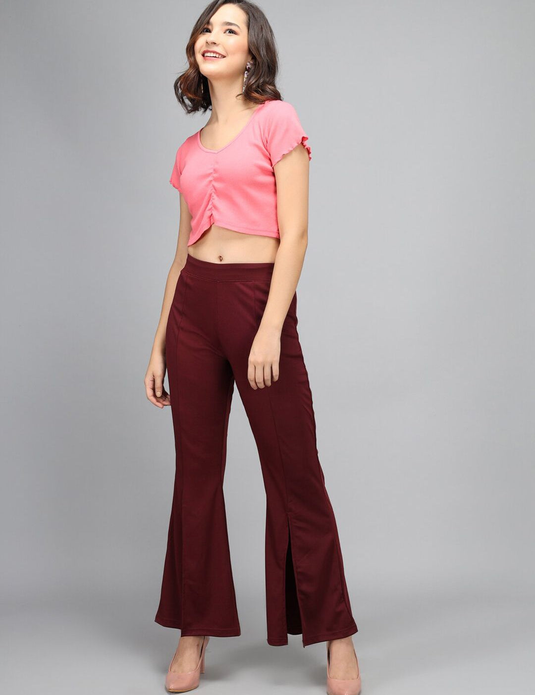 Kotty Women Maroon Flared High-Rise Bootcut Trousers
