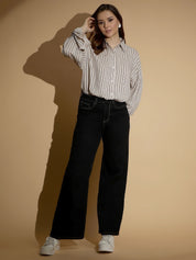 Kotty Women Spread Collar Vertical Striped Cotton Oversized Casual Shirt