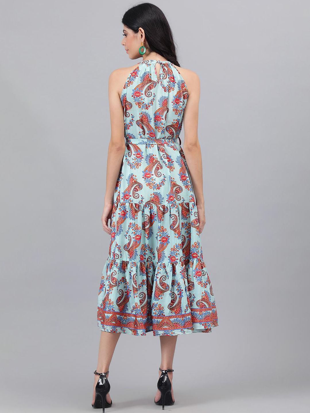 Kotty  Turoquise Blue and Orange Ethnic Printed Tiered Halter Neck Fit & Flare Dress