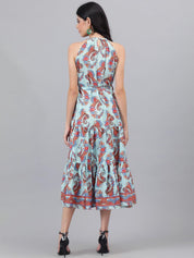 Kotty  Turoquise Blue and Orange Ethnic Printed Tiered Halter Neck Fit & Flare Dress