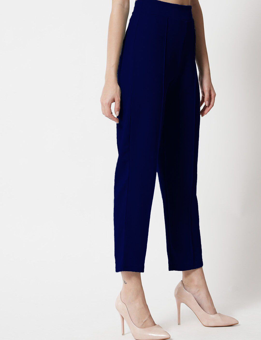 Kotty Women Blue Comfort Straight Fit High-Rise Easy Wash Pleated Trousers