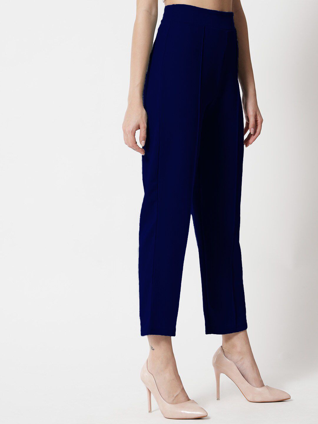 Kotty Women Blue Comfort Straight Fit High-Rise Easy Wash Pleated Trousers