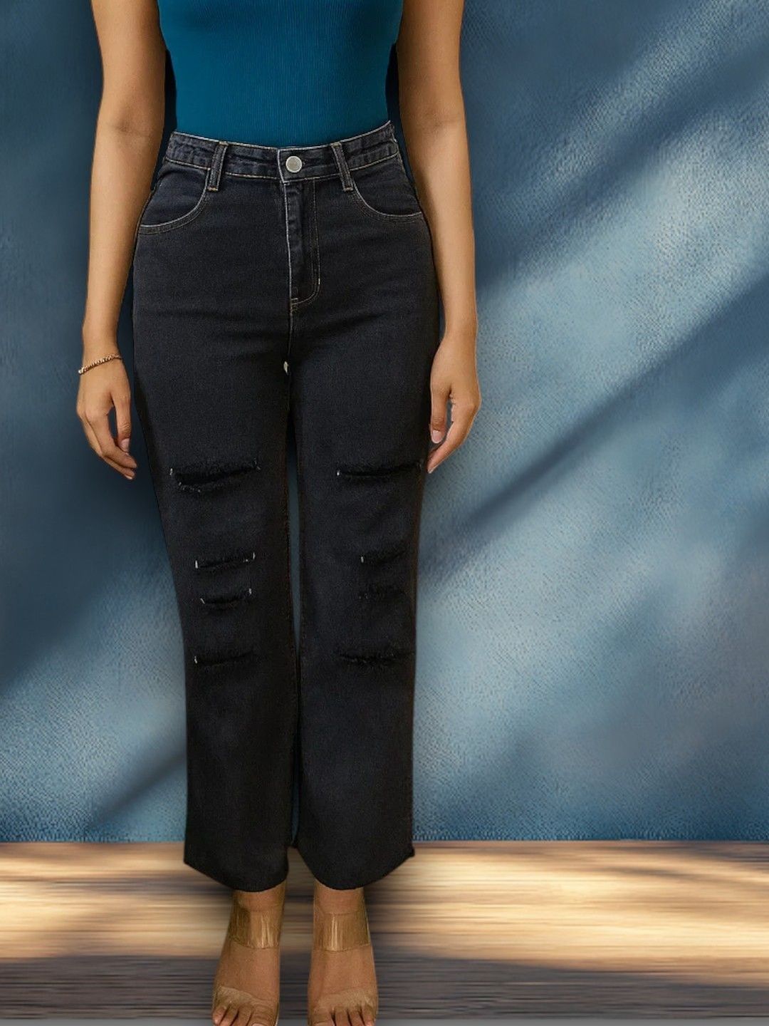 Kotty Women Regular Fit High-Rise Mildly Distressed Light Fade Stretchable Jeans