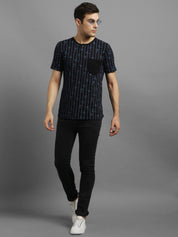 Kotty Men Navy Blue Striped V-Neck T-shirt