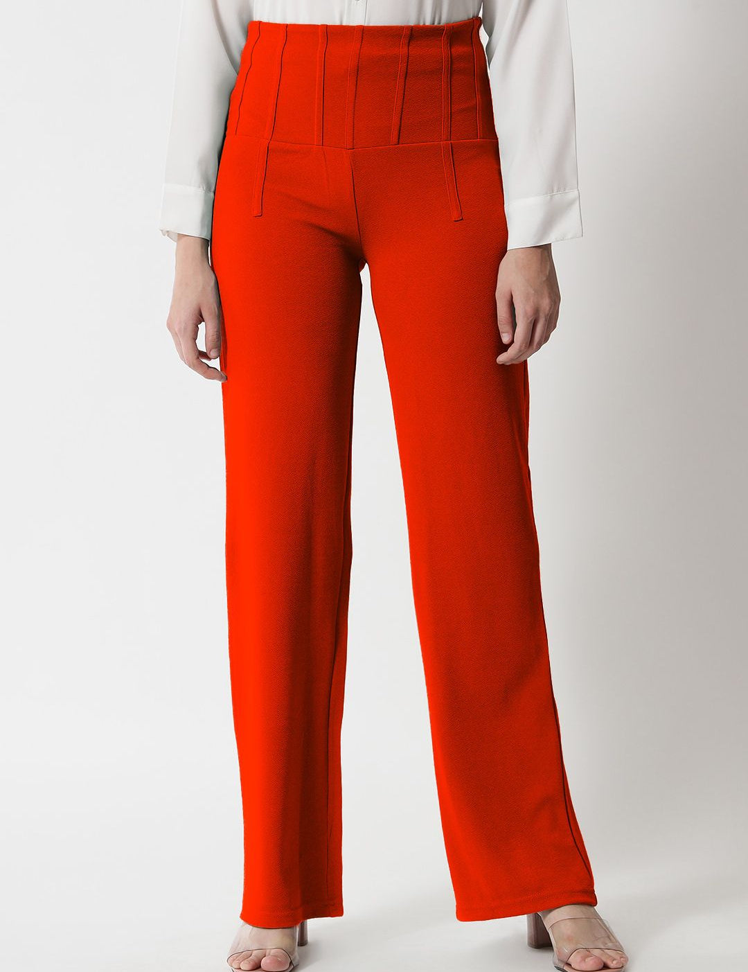 Kotty Women Orange Relaxed Straight Fit High-Rise Easy Wash Pleated Trousers