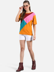 Kotty Women Orange & Maroon Colourblocked Round Neck T-shirt