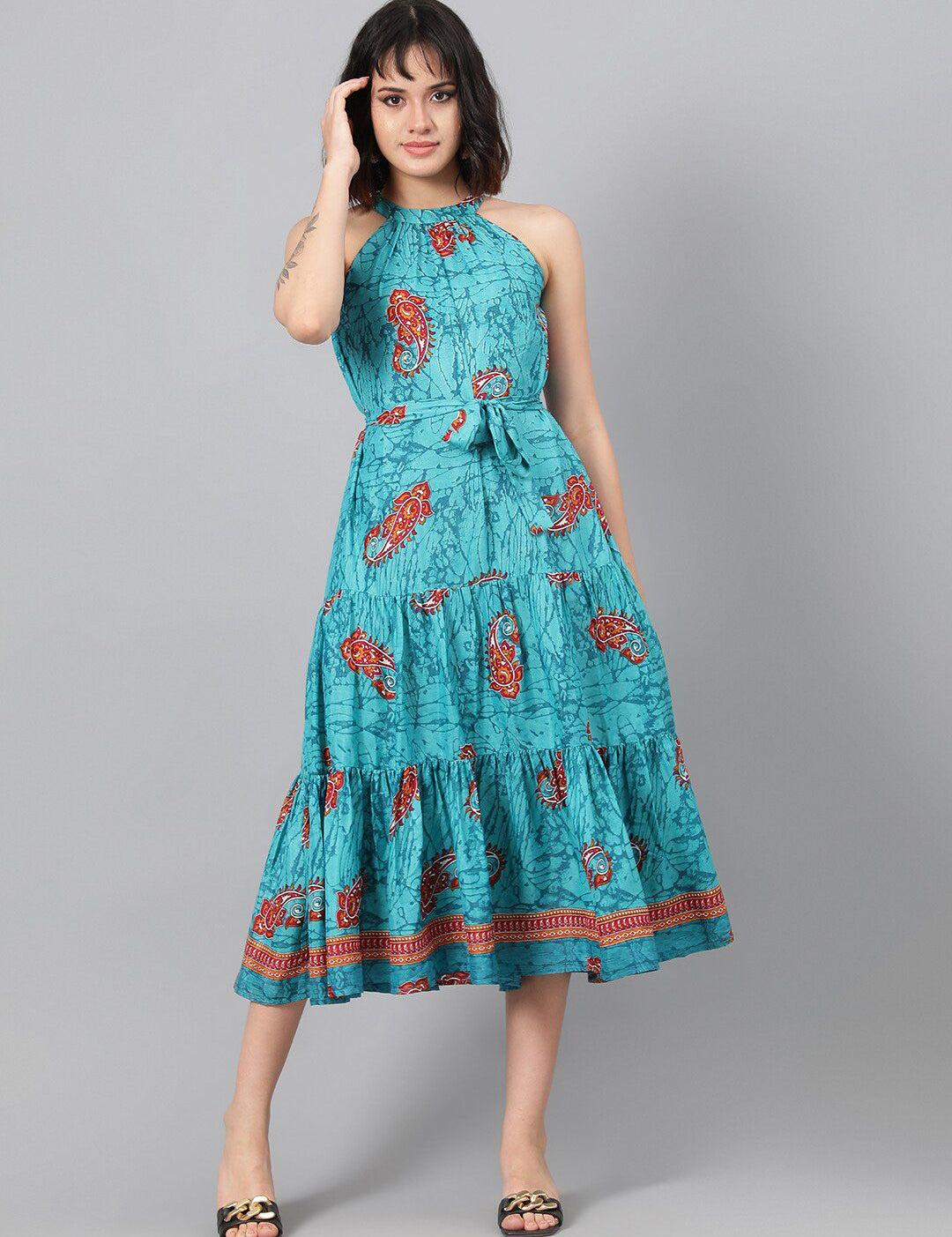 Kotty Turquoise Blue Ethnic Motif Printed Tiered Fit & Flare Midi Dress With Belt