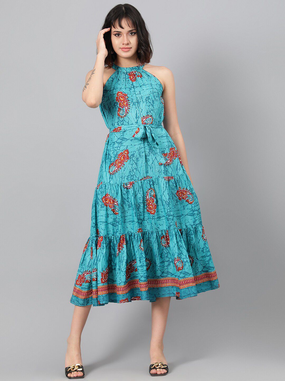 Kotty Turquoise Blue Ethnic Motif Printed Tiered Fit & Flare Midi Dress With Belt