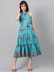 Kotty Turquoise Blue Ethnic Motif Printed Tiered Fit & Flare Midi Dress With Belt