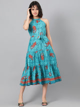 Kotty Turquoise Blue Ethnic Motif Printed Tiered Fit & Flare Midi Dress With Belt
