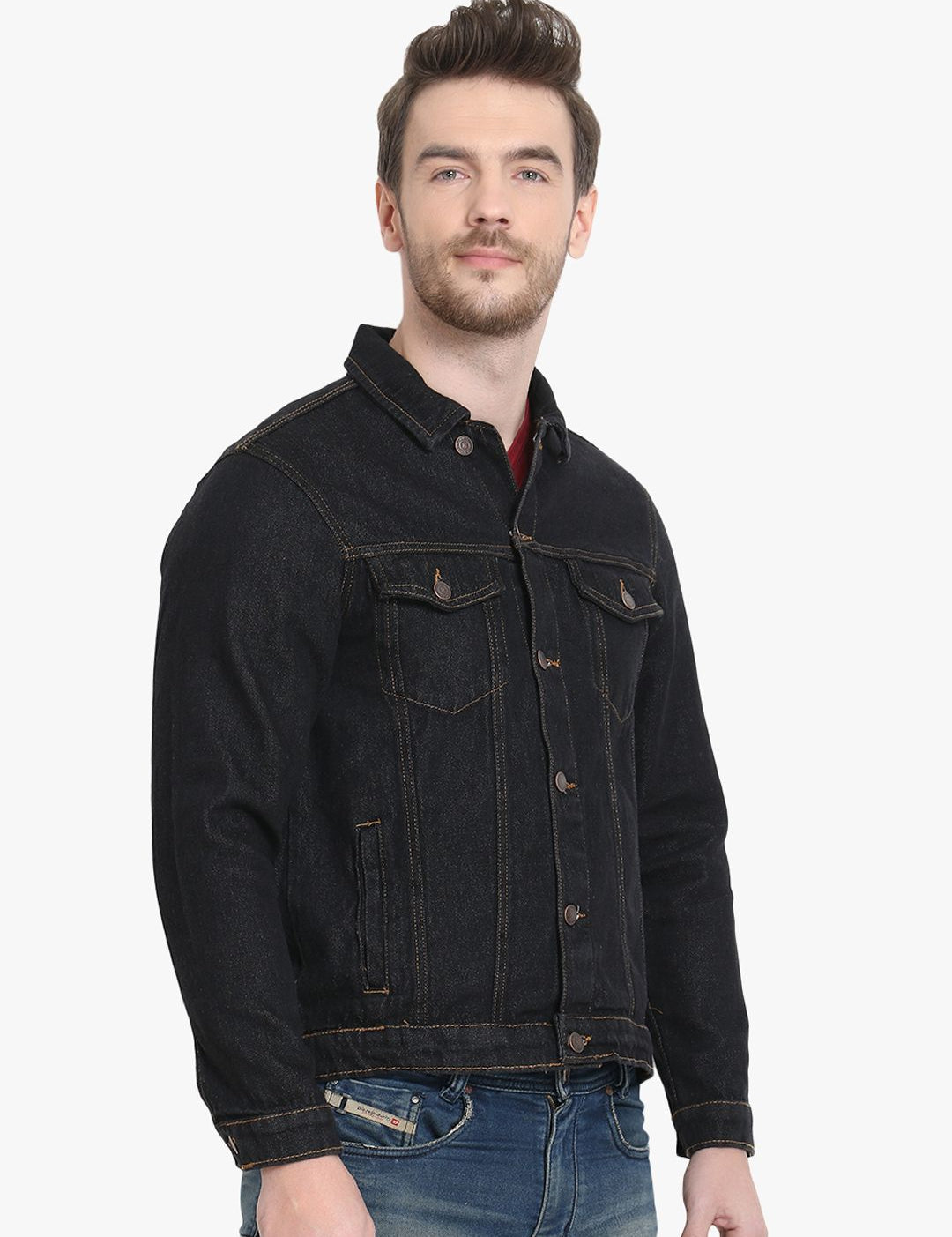 Kotty Men Black Solid Denim Jacket