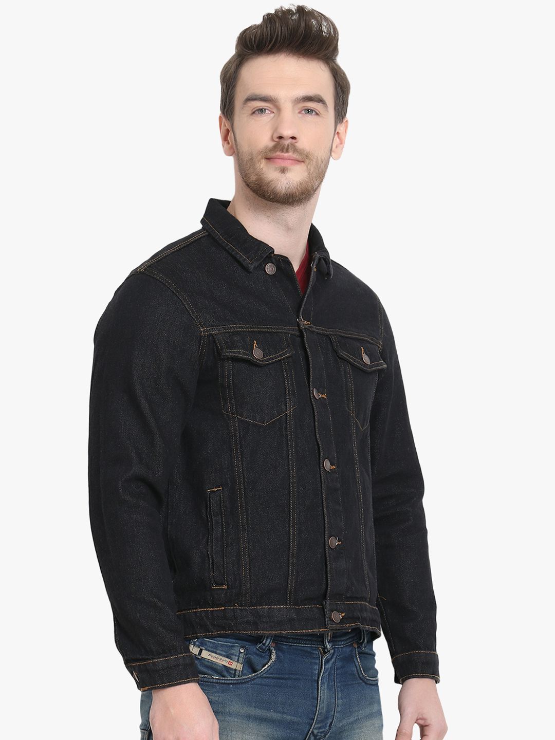Kotty Men Black Solid Denim Jacket