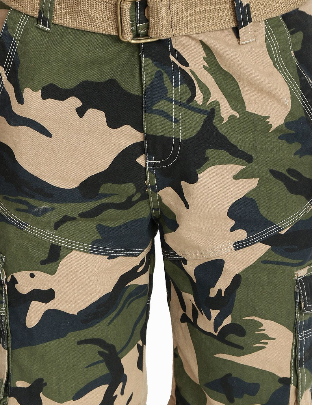 Kotty Men Olive Green Camouflage Printed Regular Fit Cargo Shorts