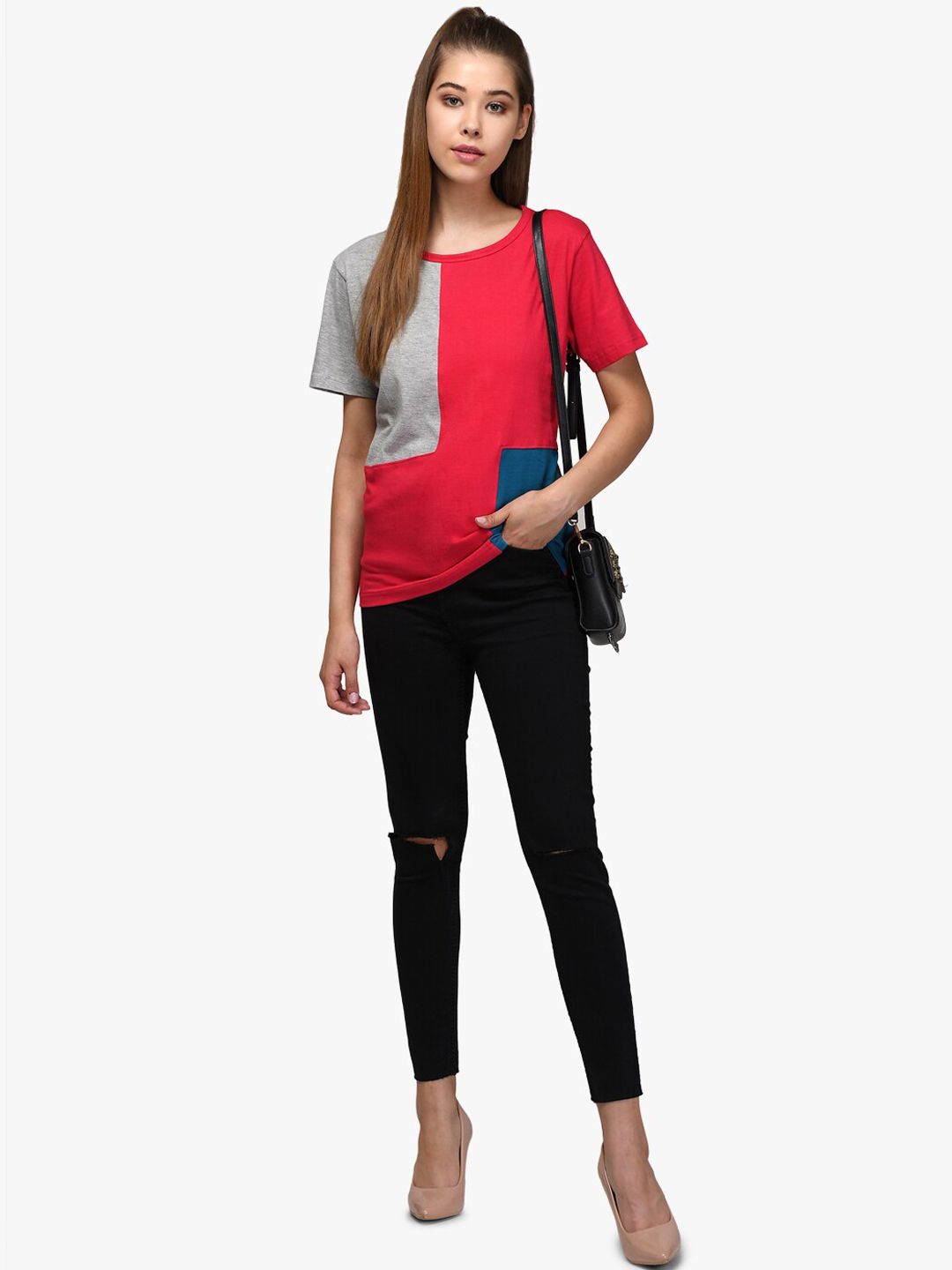 Kotty Women Red & Grey Colourblocked Round Neck T-shirt