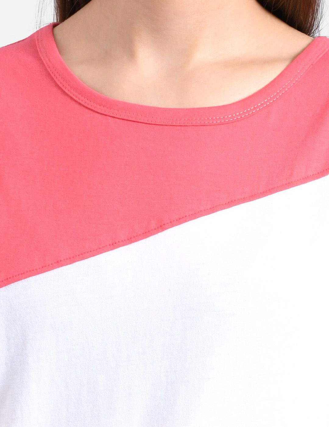 Kotty Women White & Pink Colourblocked Round Neck T-shirt