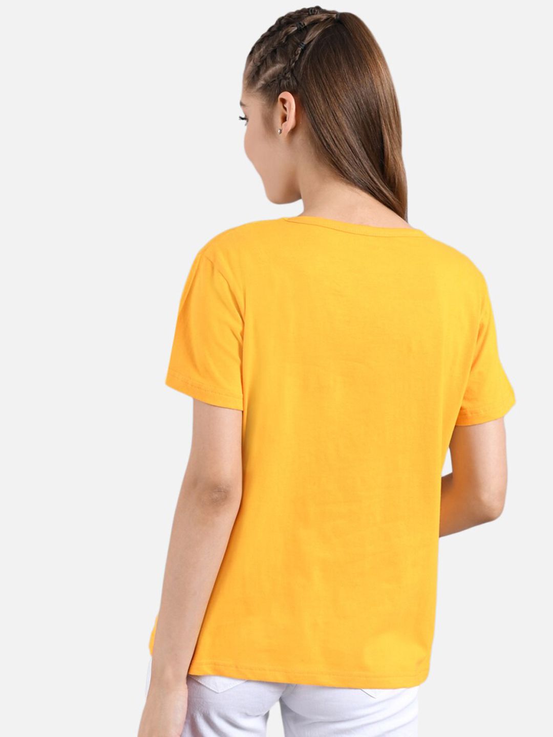 Kotty Women Mustard Yellow & White Printed Round Neck T-shirt