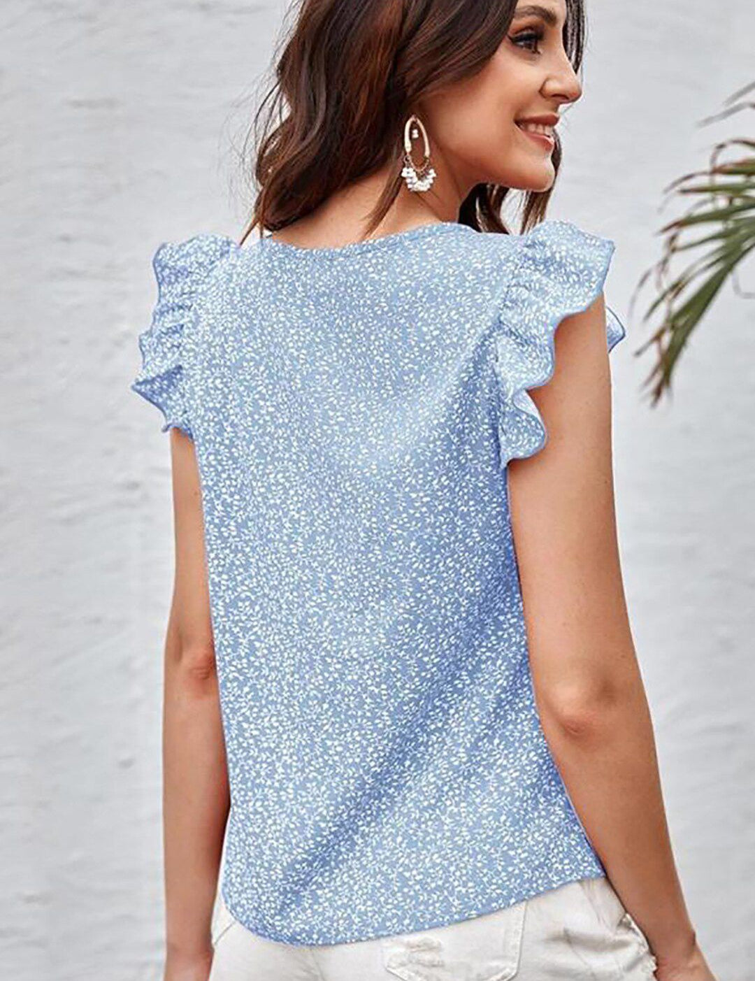 Kotty Blue Floral Printed Flutter Sleeve Top