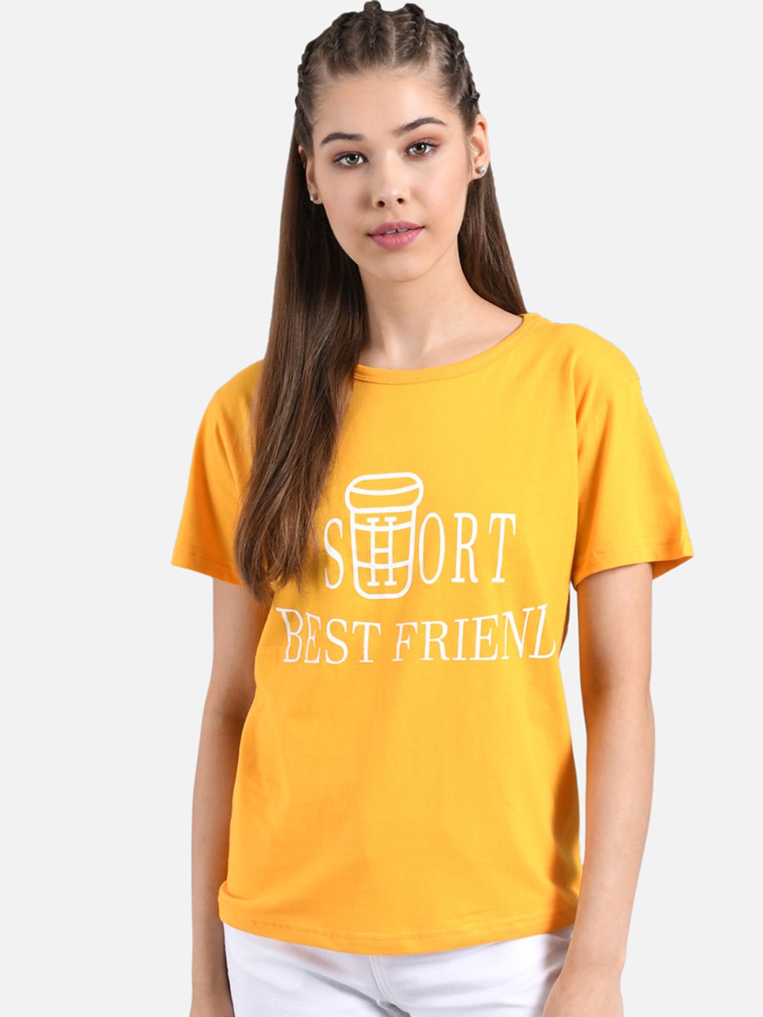 Kotty Women Yellow Printed Round Neck T-shirt