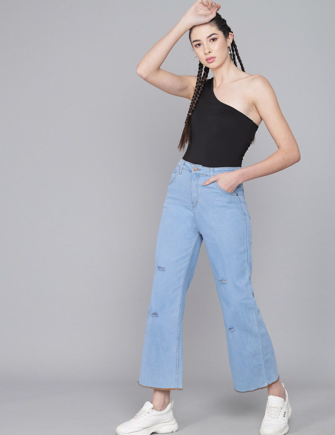 Kotty Women Turquoise Blue Flared High-Rise Slash Knee Jeans