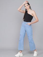 Kotty Women Turquoise Blue Flared High-Rise Slash Knee Jeans