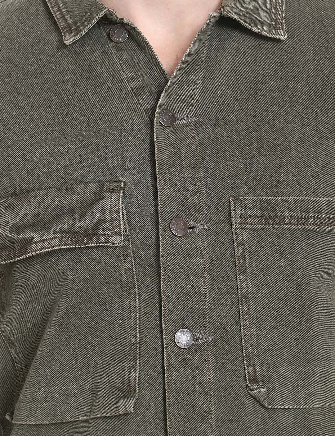 Kotty Men Olive Green Solid Denim Jacket