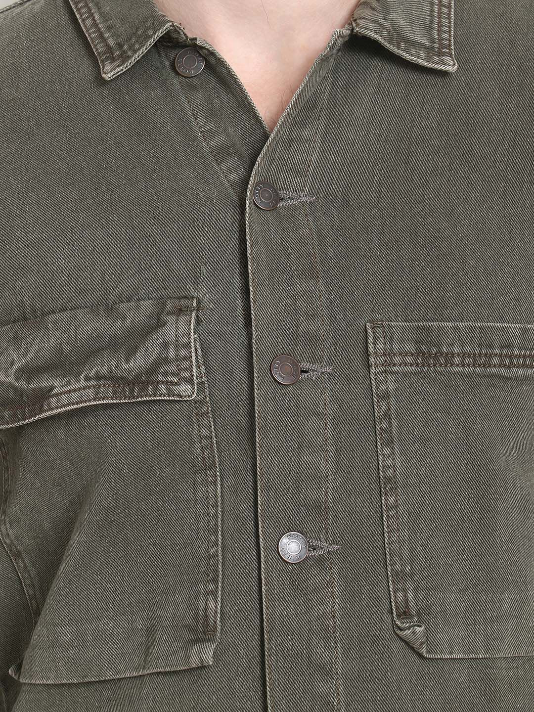 Kotty Men Olive Green Solid Denim Jacket