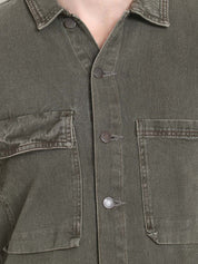 Kotty Men Olive Green Solid Denim Jacket