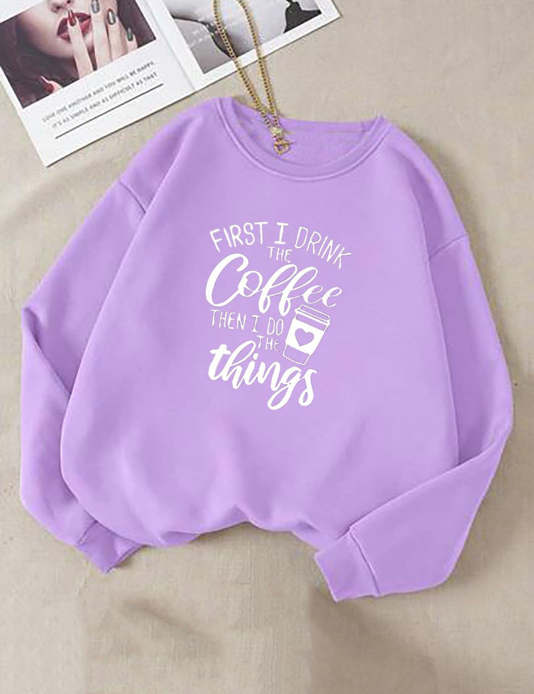 Kotty Purple Typography Printed Fleece Pullover Sweatshirt