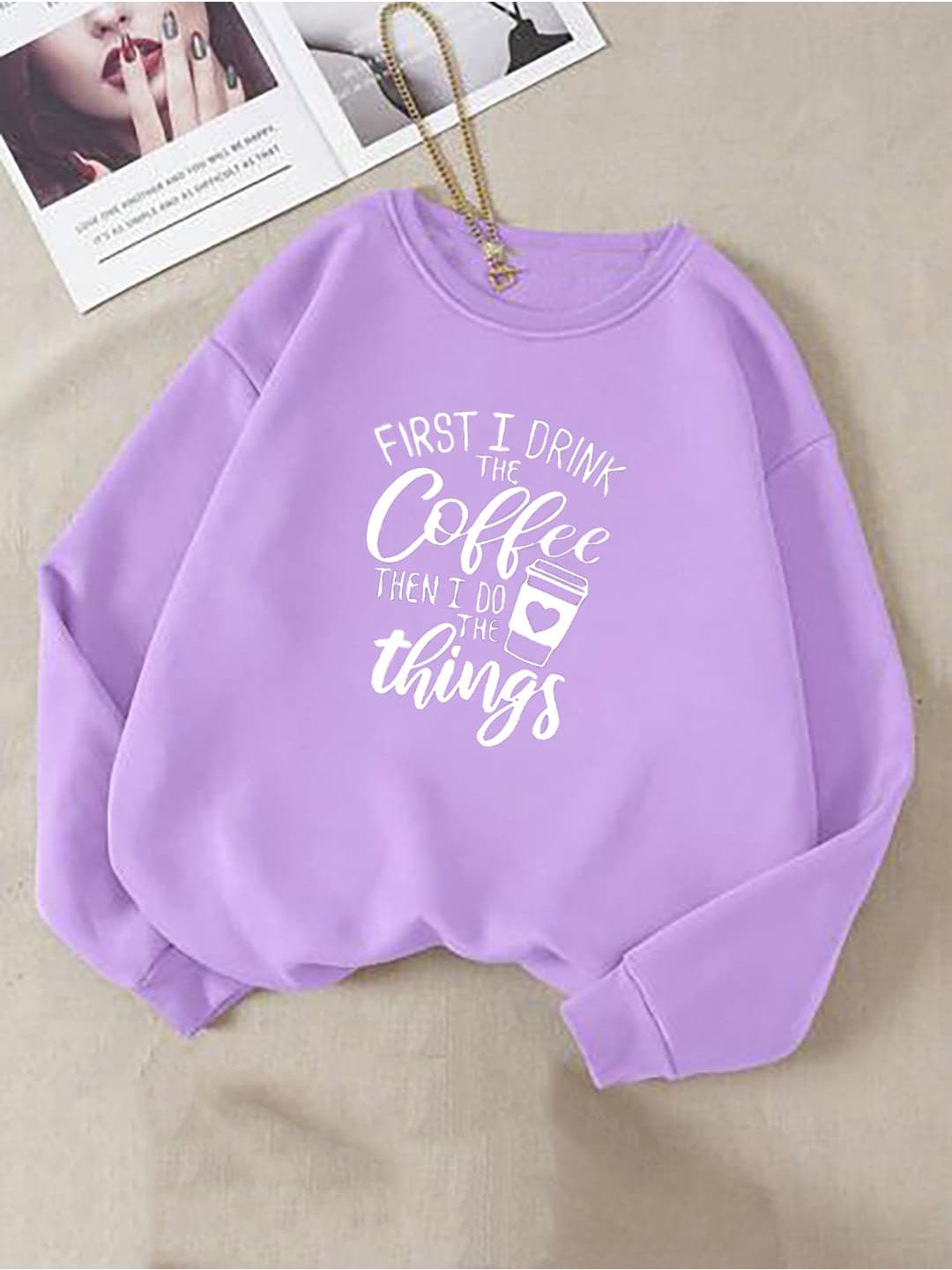 Kotty Purple Typography Printed Fleece Pullover Sweatshirt