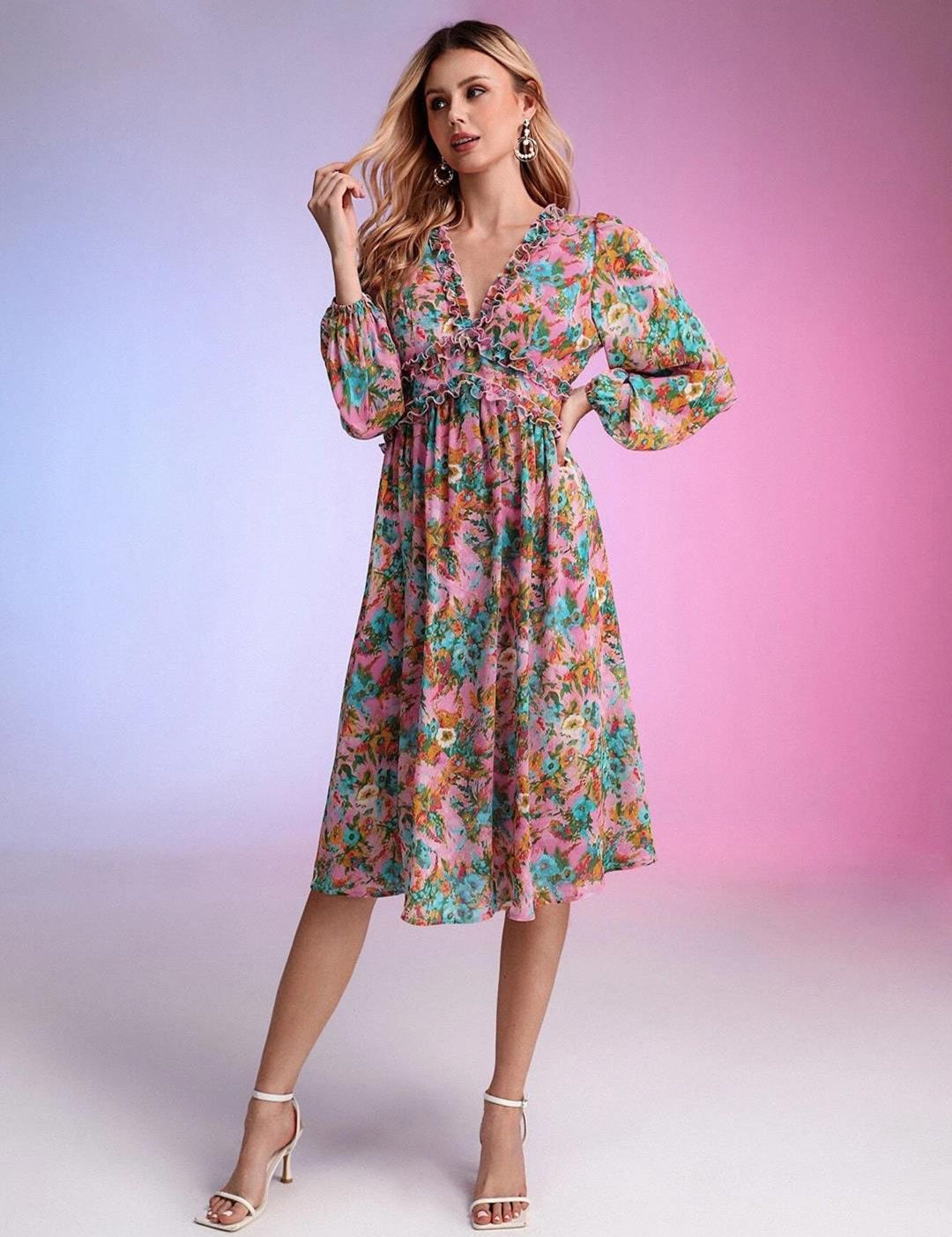 Kotty Pink & Green Floral Printed Puffed Sleeves Satin Empire Midi Dress
