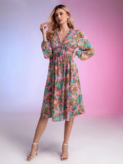 Kotty Pink & Green Floral Printed Puffed Sleeves Satin Empire Midi Dress