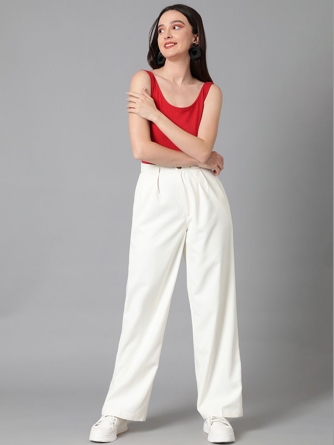 Kotty Women White Relaxed Straight Leg High-Rise Easy Wash Pleated Parallel Trousers