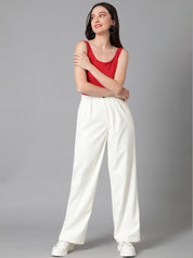Kotty Women White Relaxed Straight Leg High-Rise Easy Wash Pleated Parallel Trousers