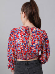 Kotty Red Floral Print Puff Sleeve Smocked Crepe Wrap Crop Top