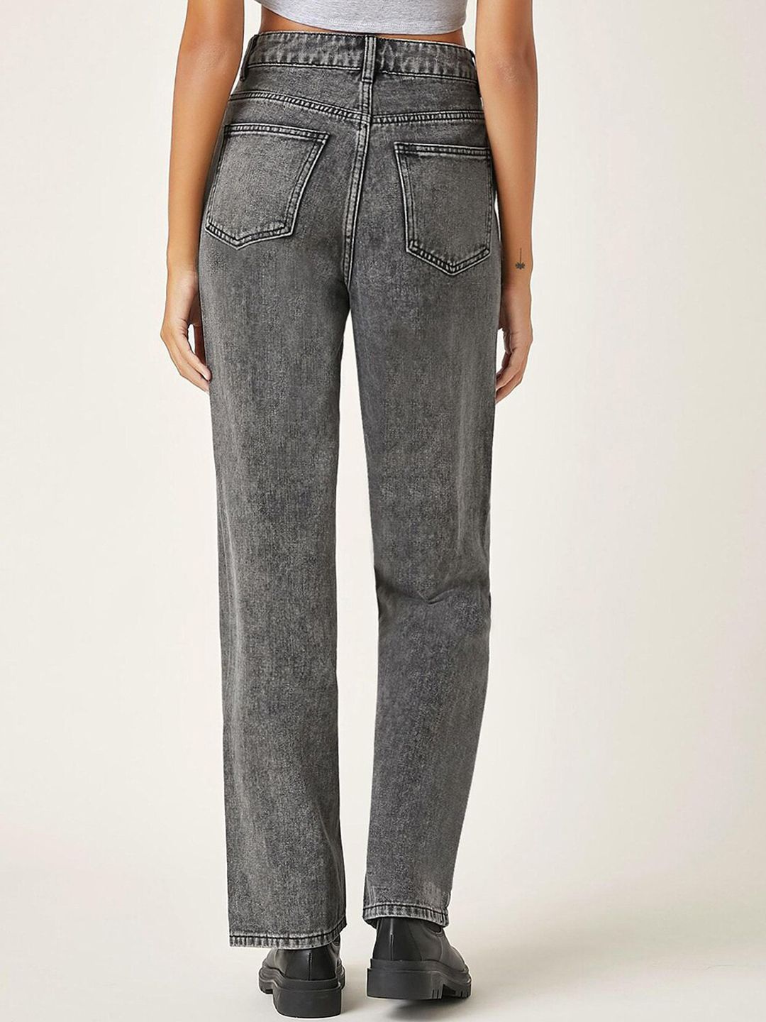 Kotty Women Grey Jean Straight Fit High Rise Clean Look Heavy Fade Stretchable Jeans