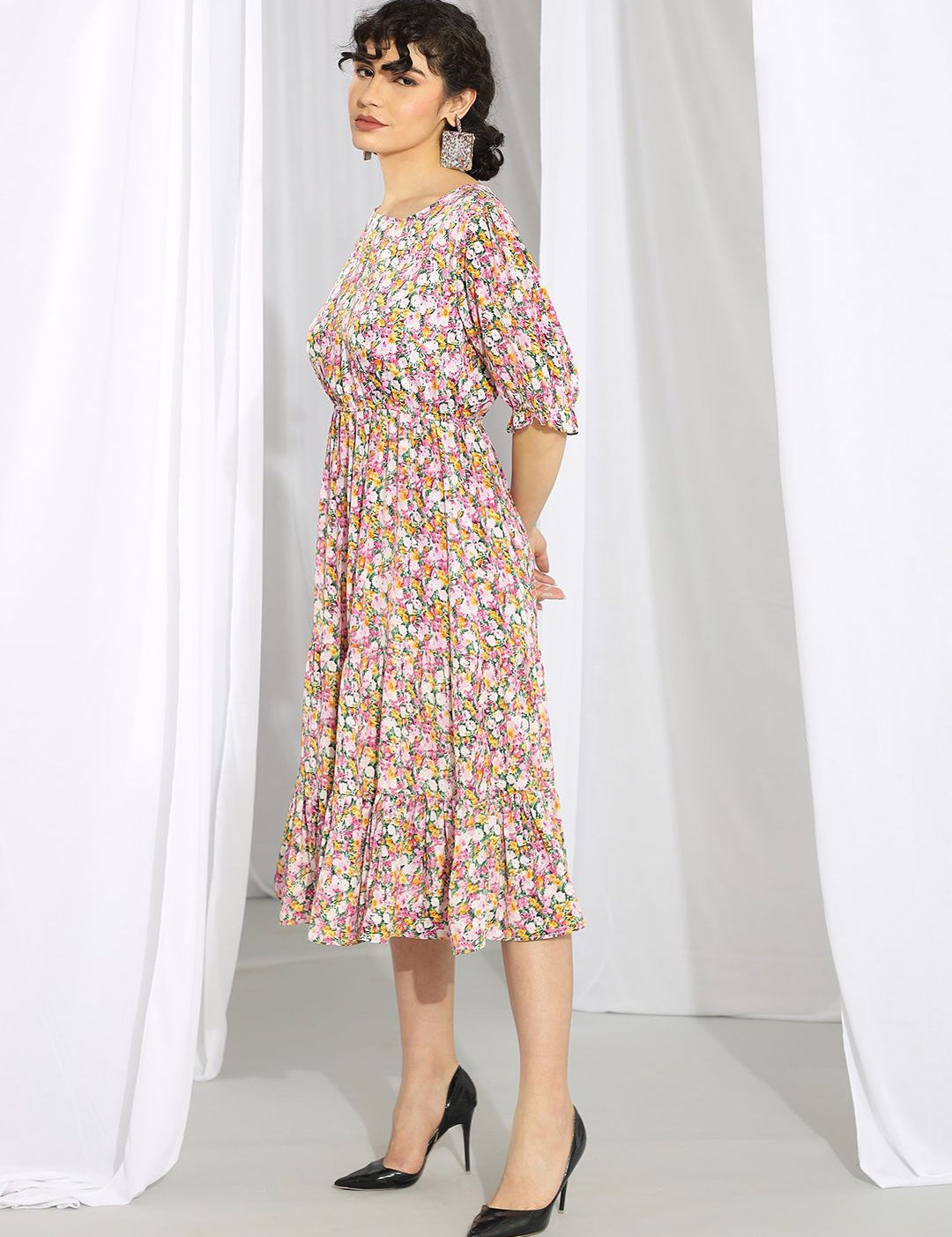 Kotty Pink Floral Printed Flared Sleeves Fit & Flare Midi Dress