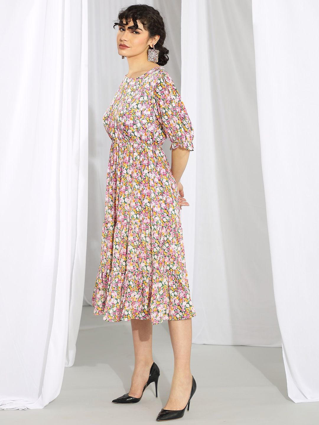 Kotty Pink Floral Printed Flared Sleeves Fit & Flare Midi Dress