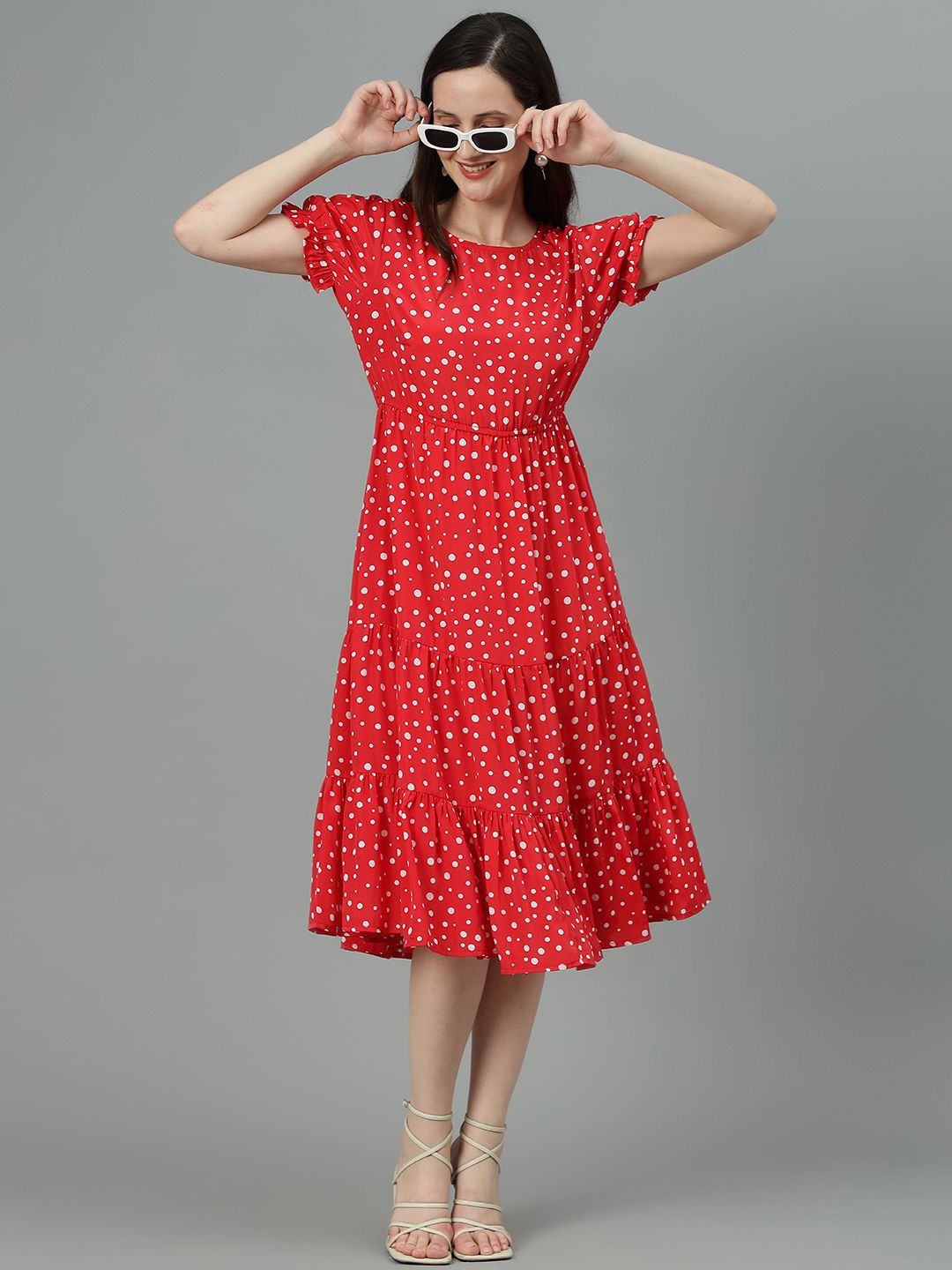 Kotty Polka Dot Printed Puff Sleeve Layered Crepe Fit & Flare Midi Dress
