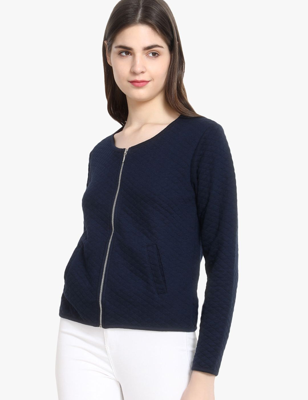 Kotty Women Navy Blue Self Design Lightweight Tailored Jacket