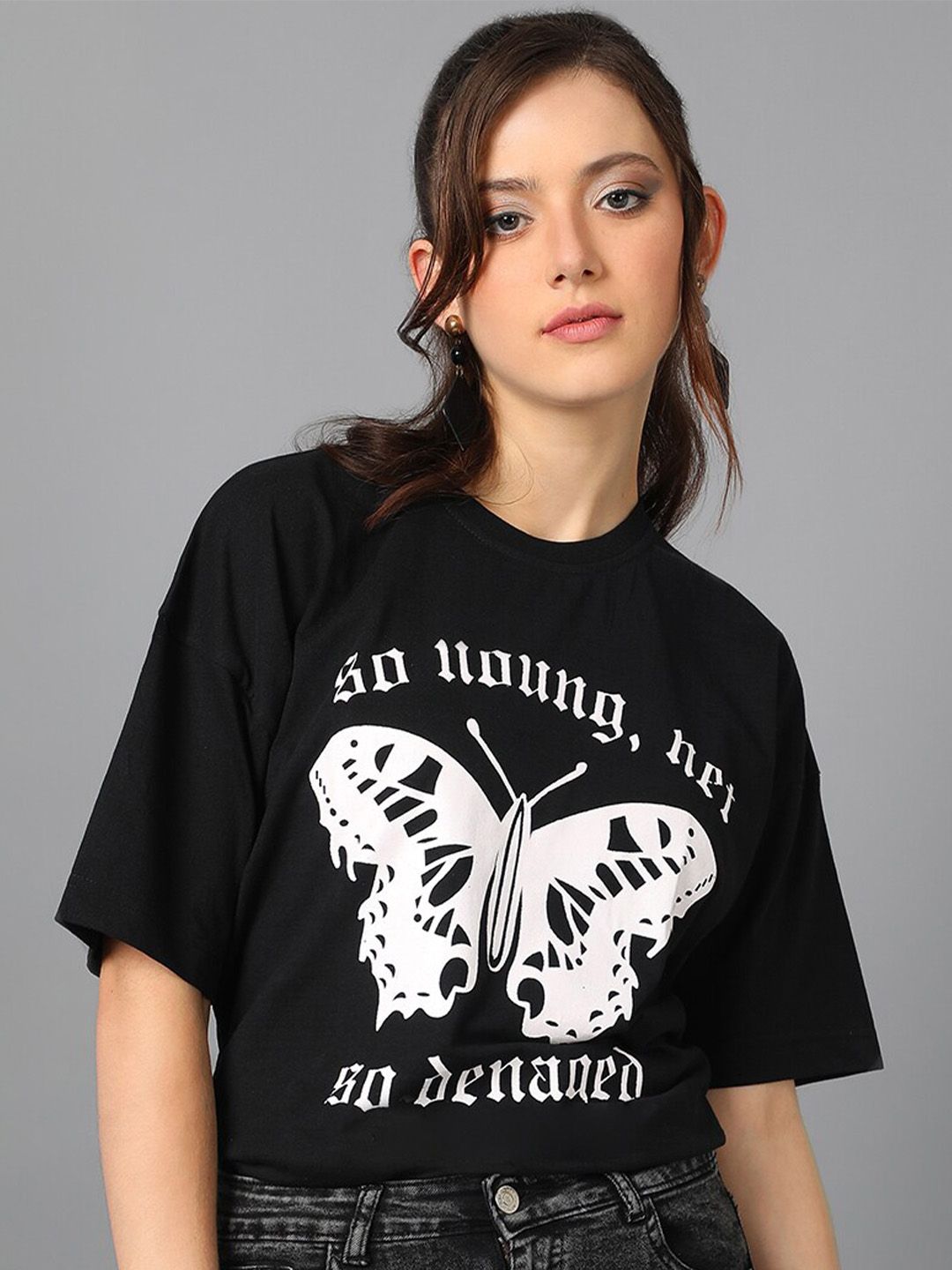 Kotty Graphic Printed Round Neck Drop-Shoulder Sleeves Oversized T-shirt