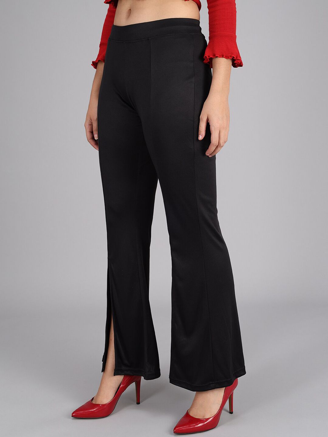 Kotty Women Black Flared High-Rise Bootcut Trousers