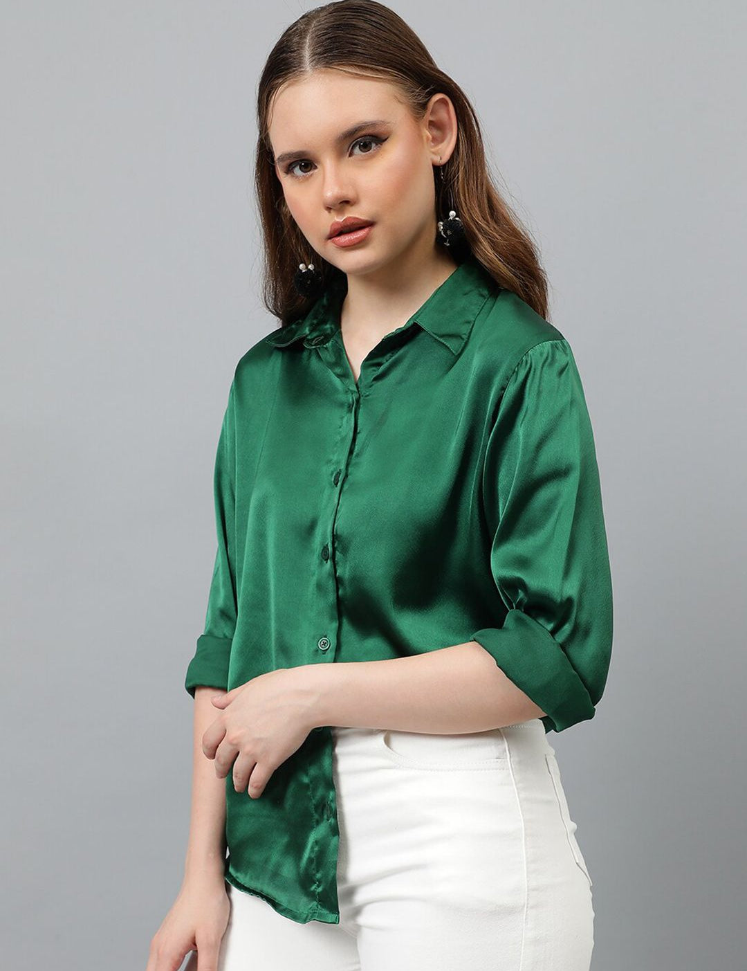 KOTTY BIZwear Green Relaxed Spread Collar Satin Casual Shirt