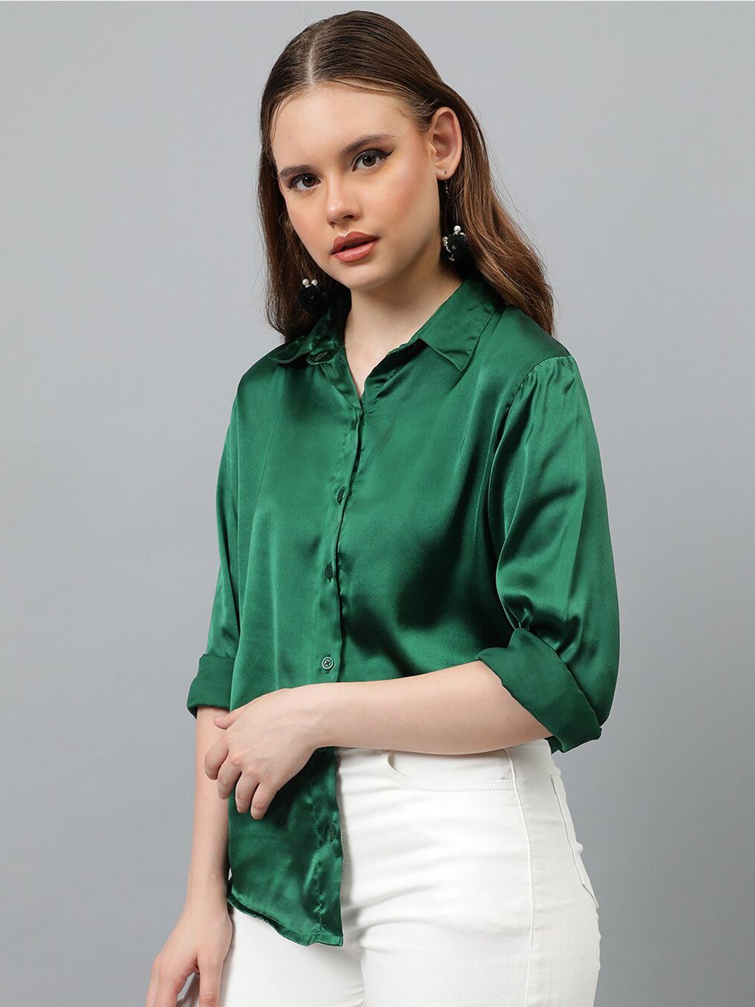 KOTTY BIZwear Green Relaxed Spread Collar Satin Casual Shirt