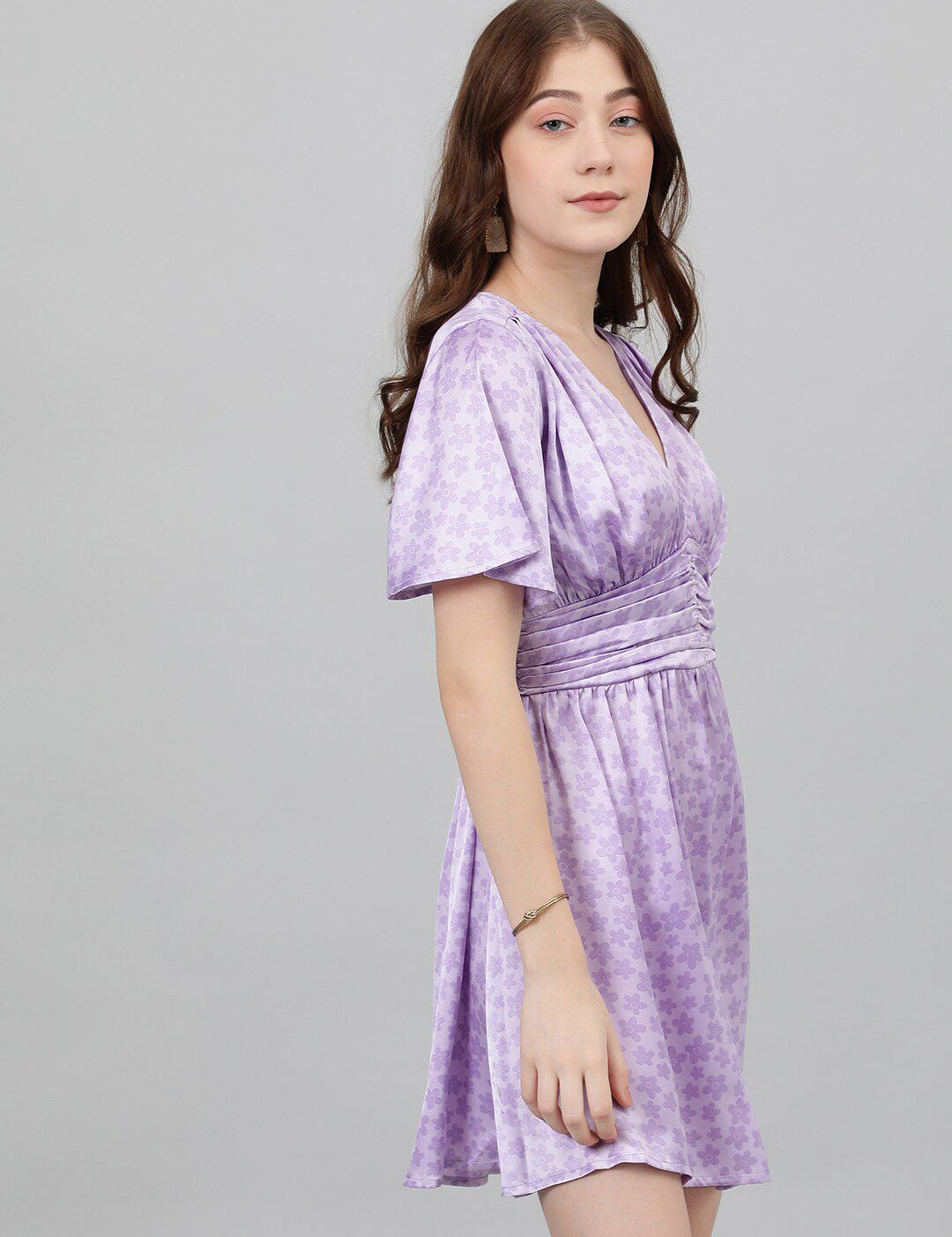 Kotty Lavendor Floral Printed V-Neck Satin Fit & Flare Dress