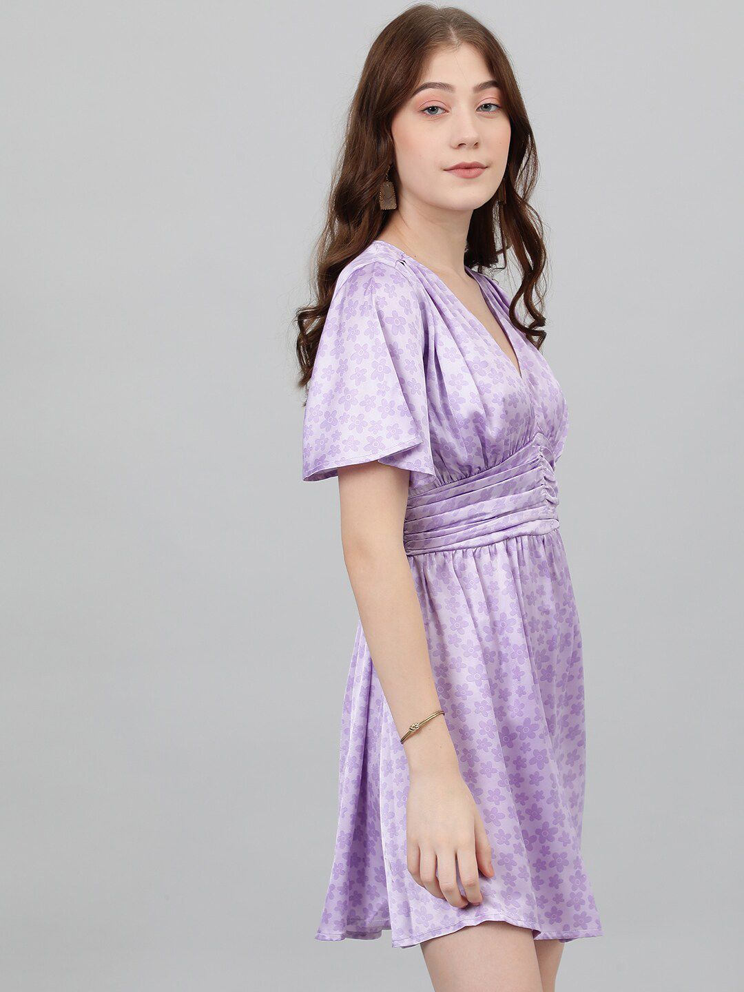 Kotty Lavendor Floral Printed V-Neck Satin Fit & Flare Dress