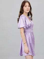 Kotty Lavendor Floral Printed V-Neck Satin Fit & Flare Dress