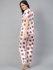 Kotty White & Red Floral Printed Satin Night Suit