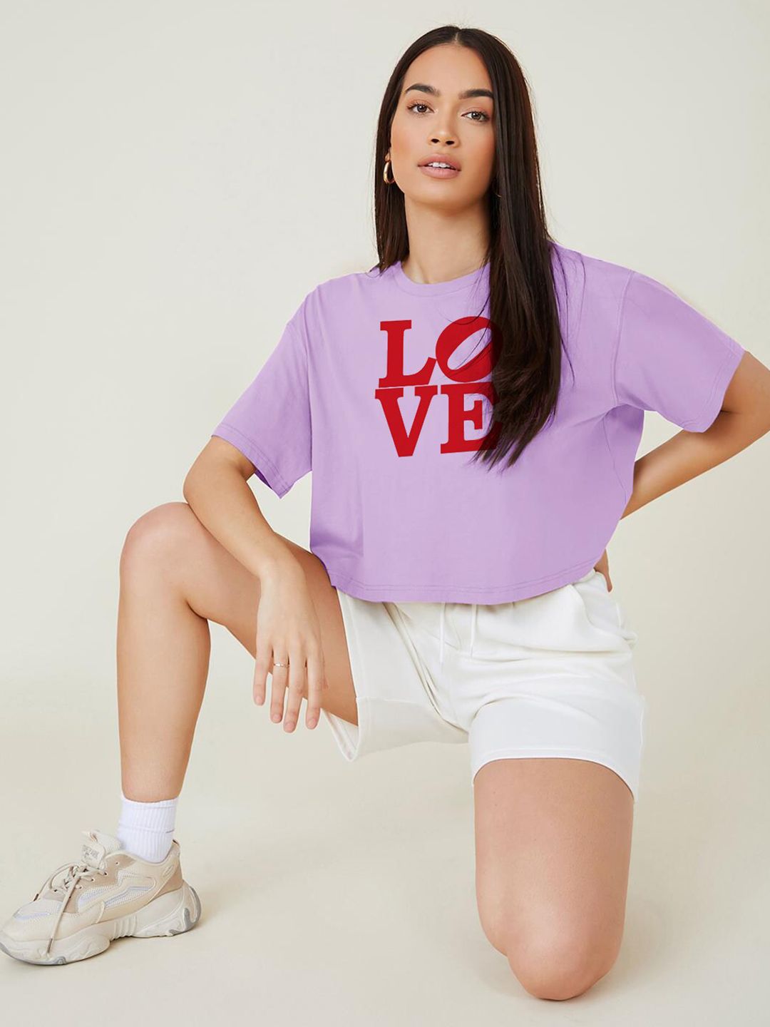 Kotty Purple Typography Printed Drop-Shoulder Sleeves Cotton Oversized Crop T-shirt